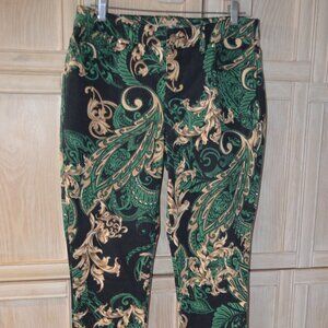 Chico’s Platinum Paisley Scroll Jeggings, Black/Green/Gold, Size 1 Petite (10)